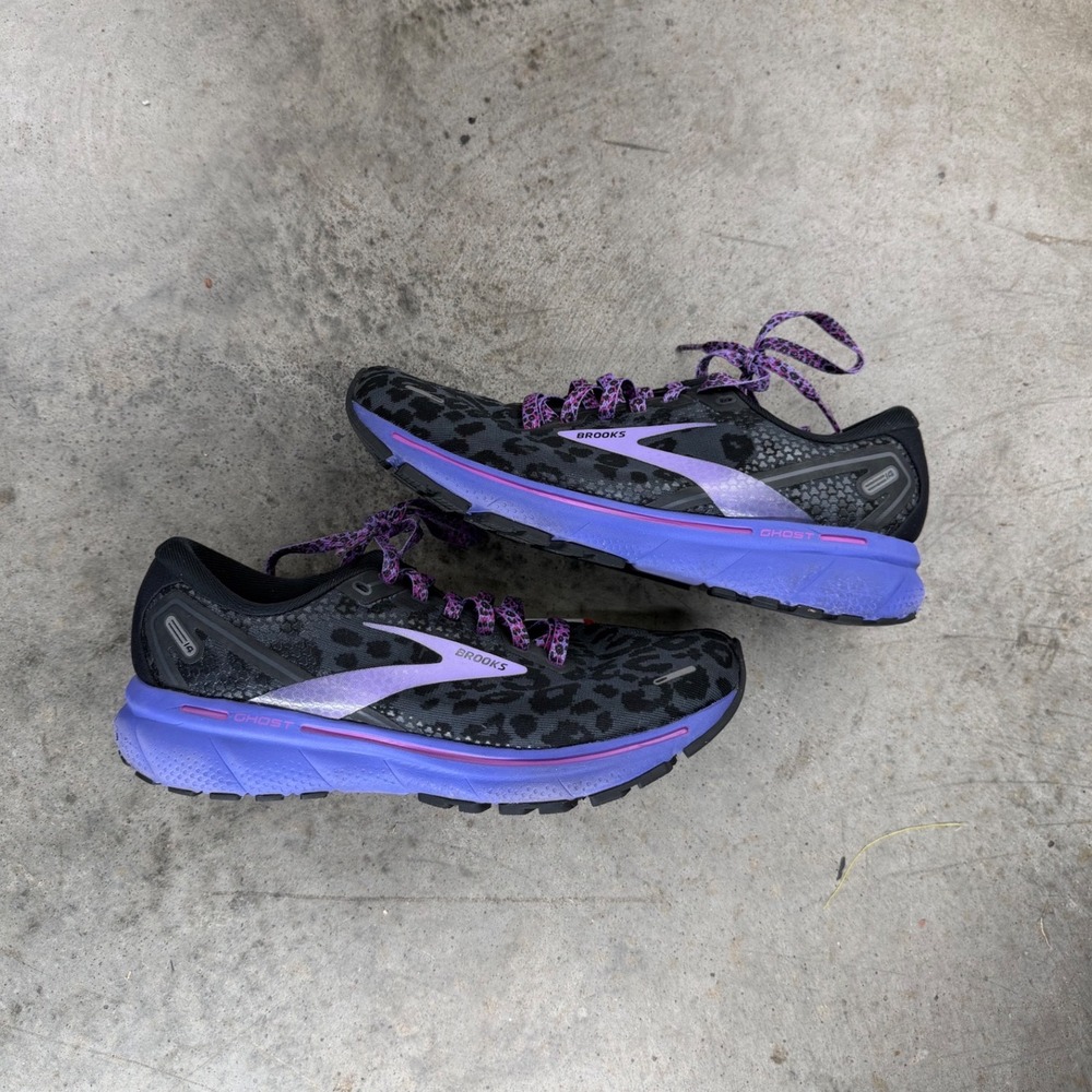 Brooks Ghost 14 Womens Running Shoes 8.5 Leopard Print Purple 1203561B098